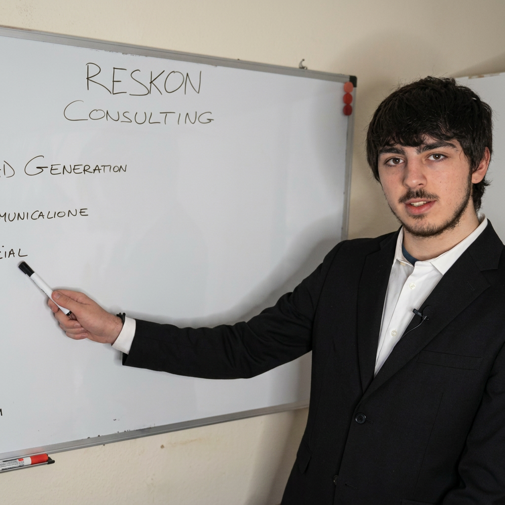 Simone Rosignoli presenta il progetto Reskon Consulting alla lavagna