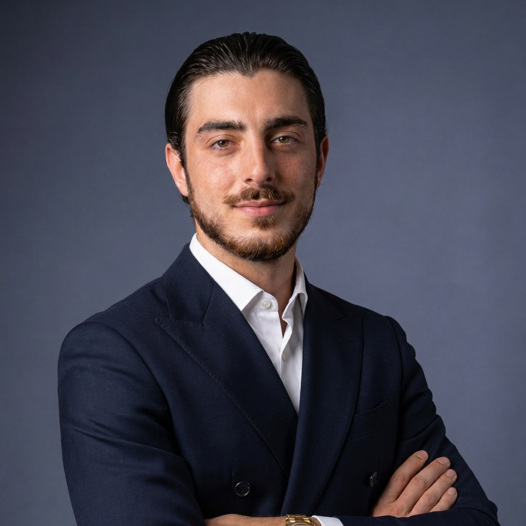 Ritratto professionale di Simone Rosignoli in abito blu